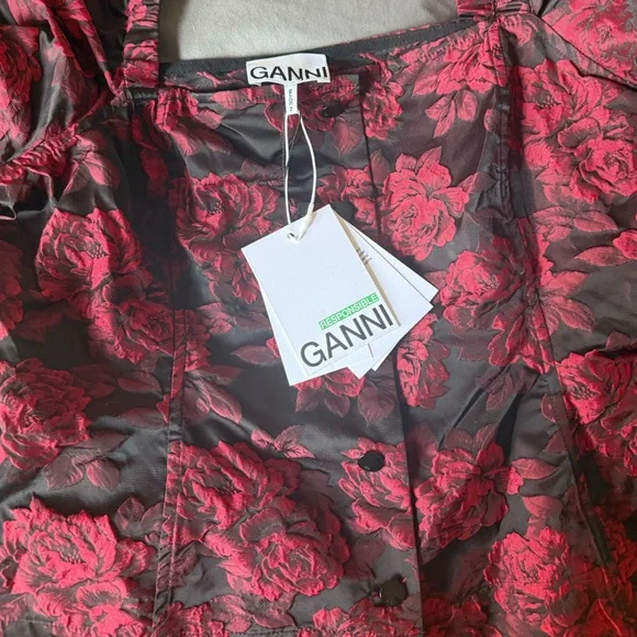Ganni Black & Red Botanical Jacquard Blouse